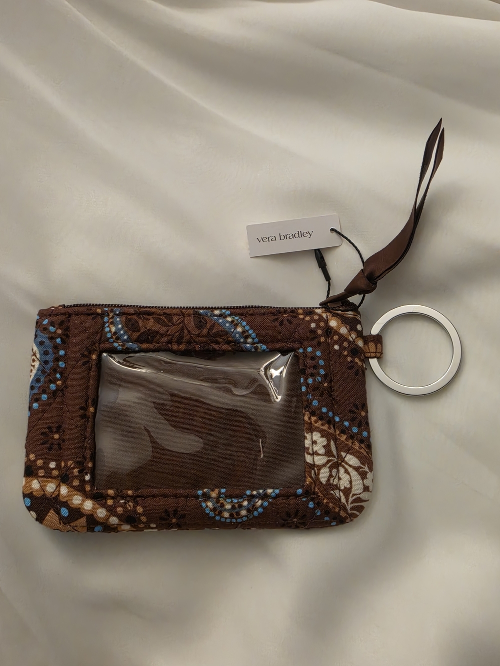 Vera Bradley Quilted Cotton ID Case Keyring Wallet Zip Pouch Brown Paisley